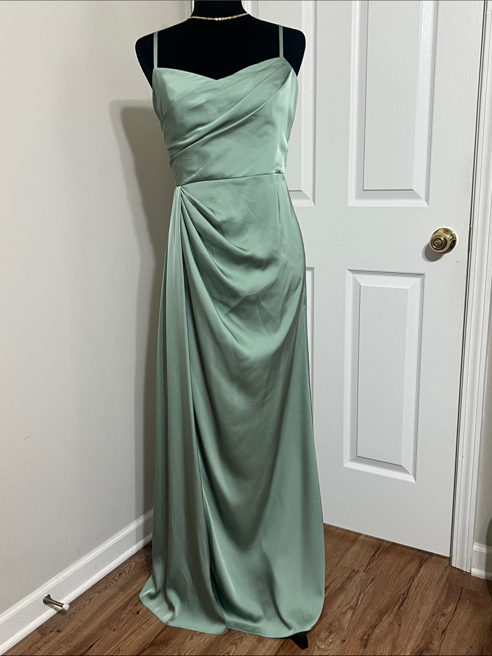 Azazie Sage Green Satin Draped Spaghetti Strap Gown